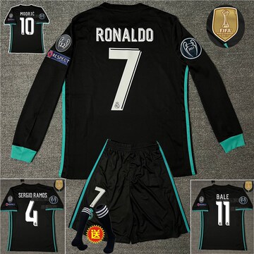 1718皇马客场球衣7号c罗长袖足球服黑色贝尔拉莫斯欧冠版短袖套装