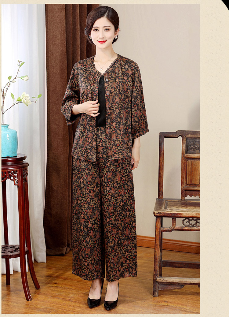 中老年女装真丝香云纱套装圆领大码宽松桑蚕丝上衣裤子两件套批发