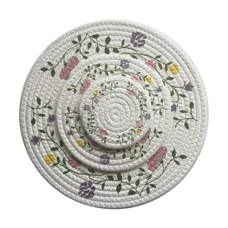 Ins Wind Insulation Potholder Woven Cotton String Placemat Creative Printing Coaster round Household Bowl Placemat Shooting Mat