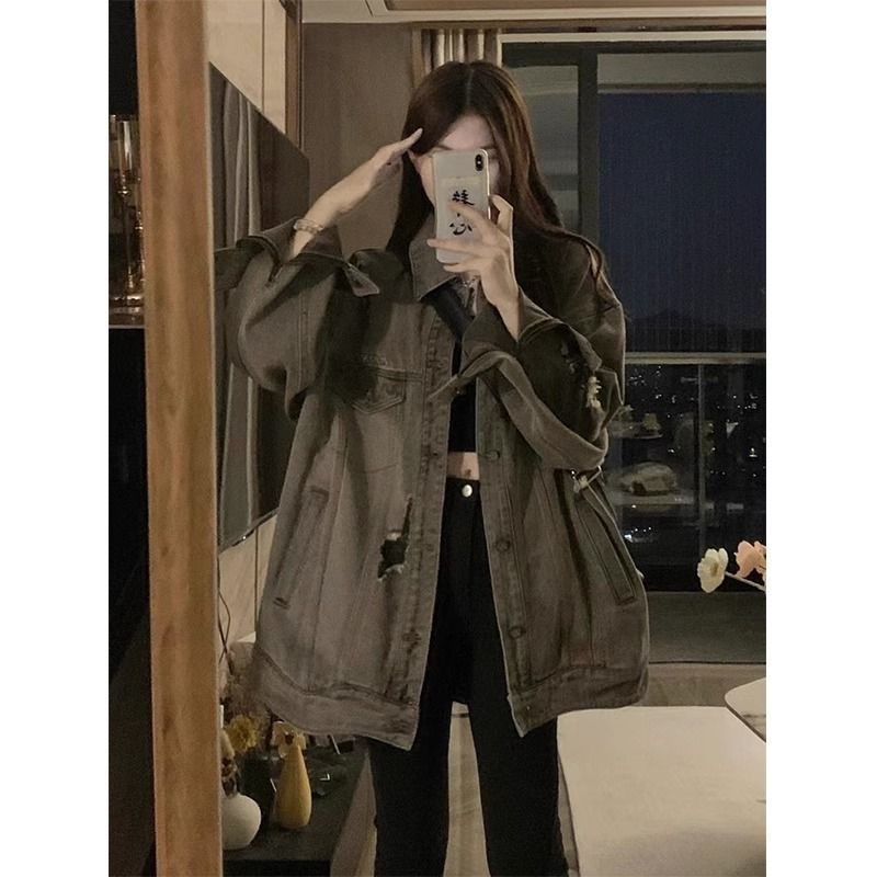 美式复古破洞牛仔夹克外套女春秋大码胖mm酷辣妹高街别致上衣女冬