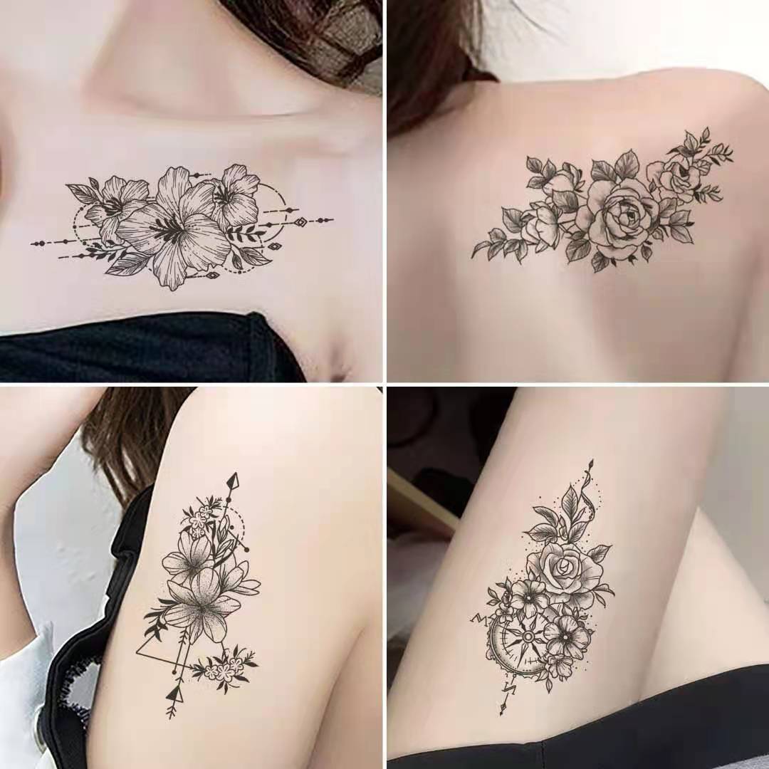 Wholesale Sketch Flower Tattoo Sticker Korean Black and White Scar Cover up Rose Fresh Temporary Tattoo Sticker Package in Stock