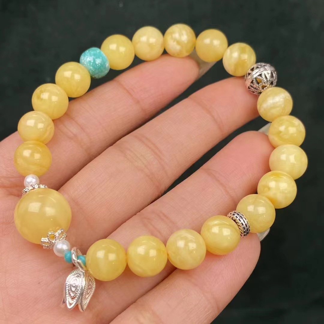 厂家批发天然蜜蜡手串搭配绿松石珍珠s925银镶嵌尺寸8.