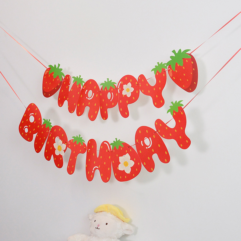 Strawberry Theme Happy Birthday Hanging Flag Party Decoration Cake Flag Card Spiral Charm Set Layout Supplies