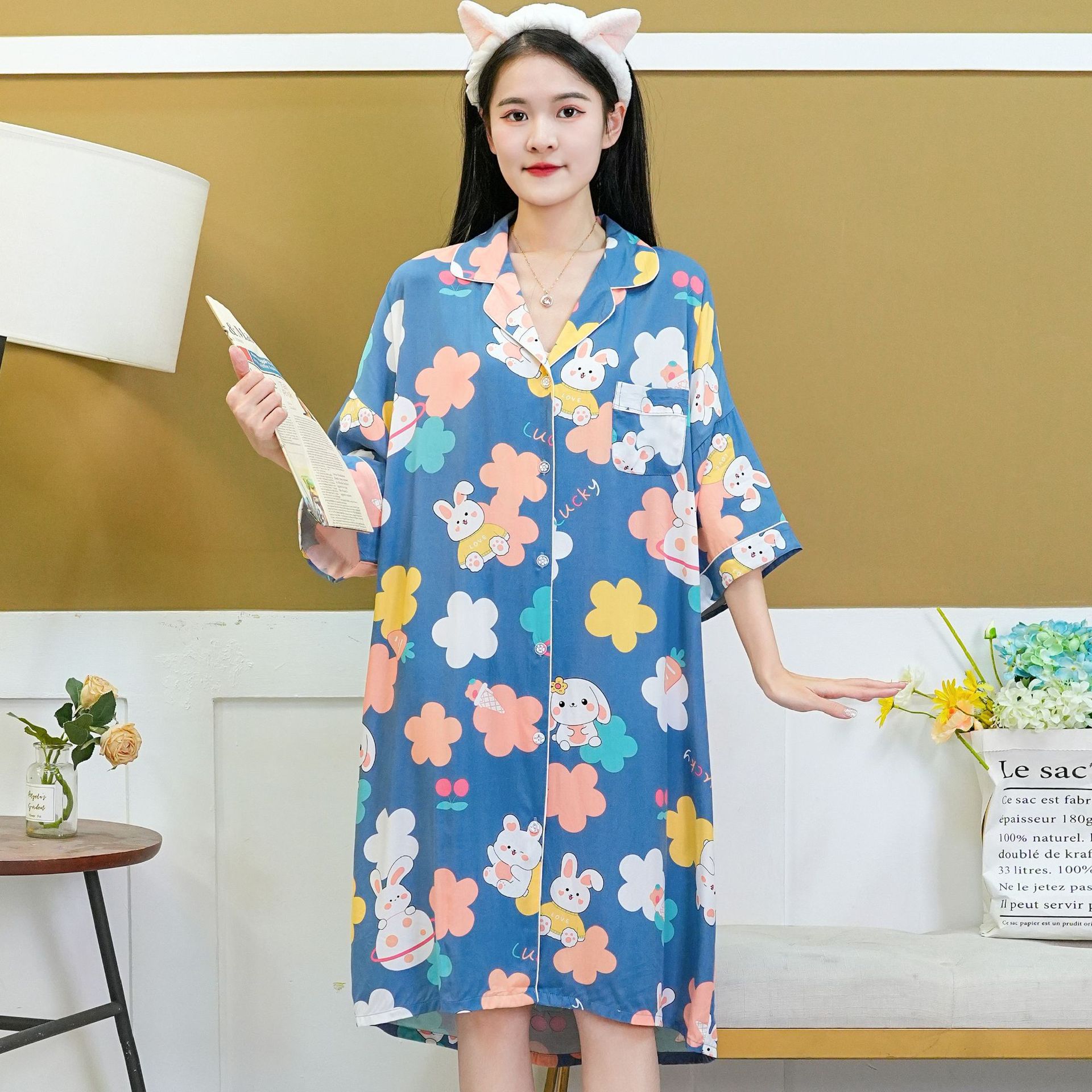 New Poplin Pajamas Women's Spring and Summer Korean Style Large Size Long Pyjamas Cardigan Half Sleeve Lapel Homewear