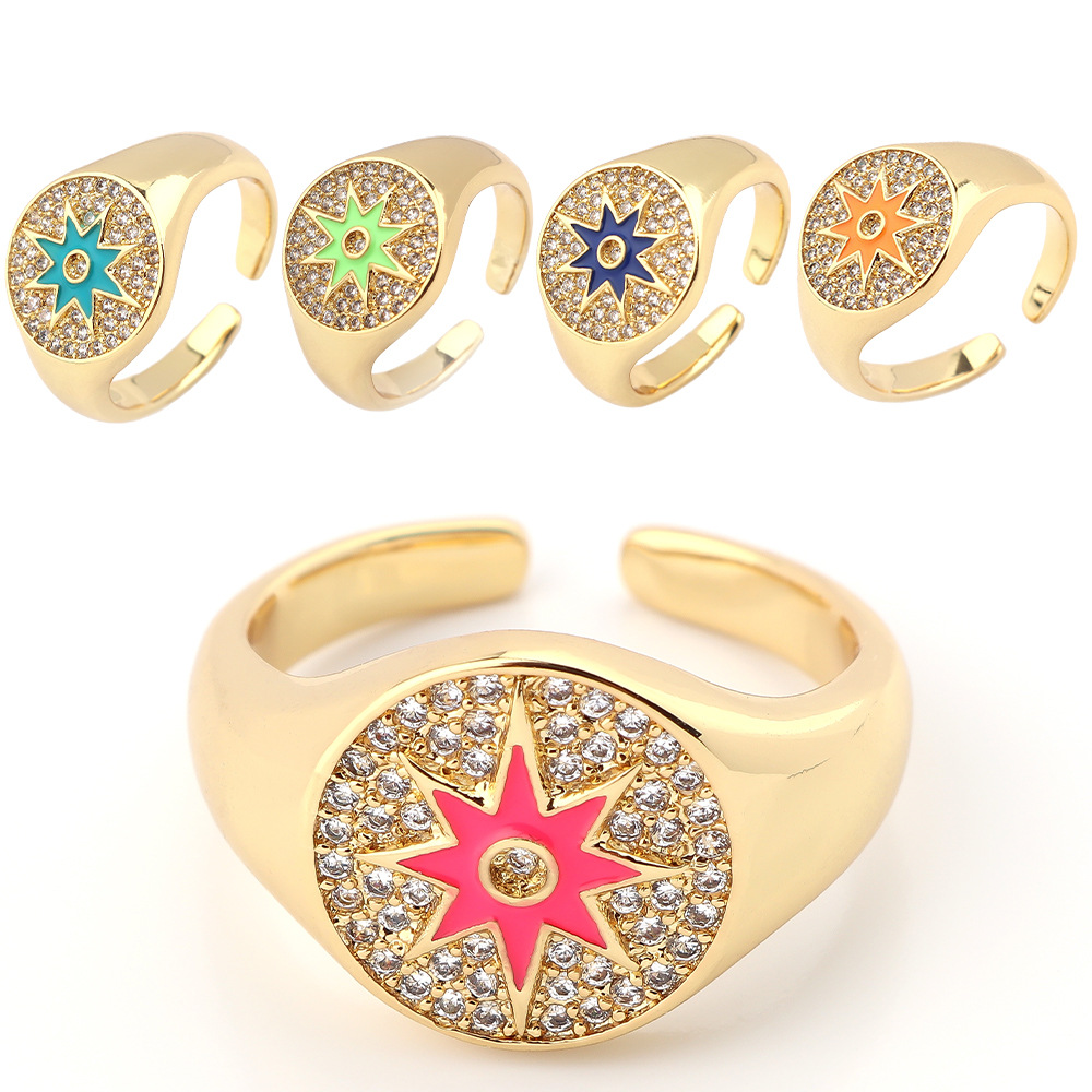 跨境欧美新款镶钻八芒星开口调节戒指女潮人米字滴油食指指环批发