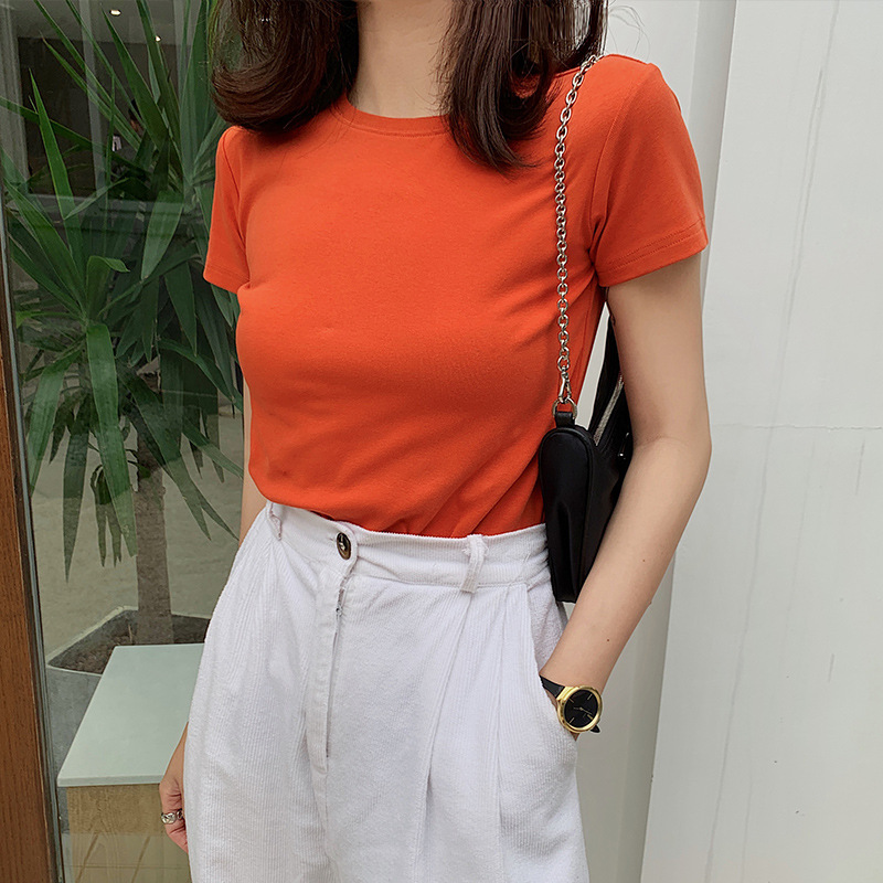 橘色短袖t恤女橙色桔色网红显瘦ins超火半袖女夏季新款砖红色上衣