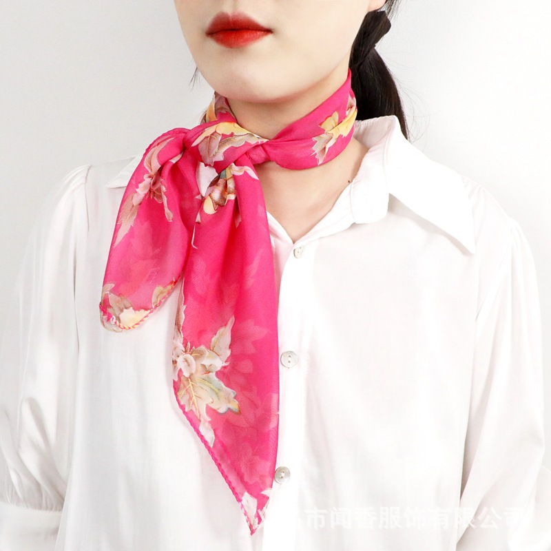 2022 New Spring and Summer Artificial Silk Chiffon Printed Small Square Scarf Women's Temperament Wild Silk Scarf Neck Protection Sunscreen Small Scarf