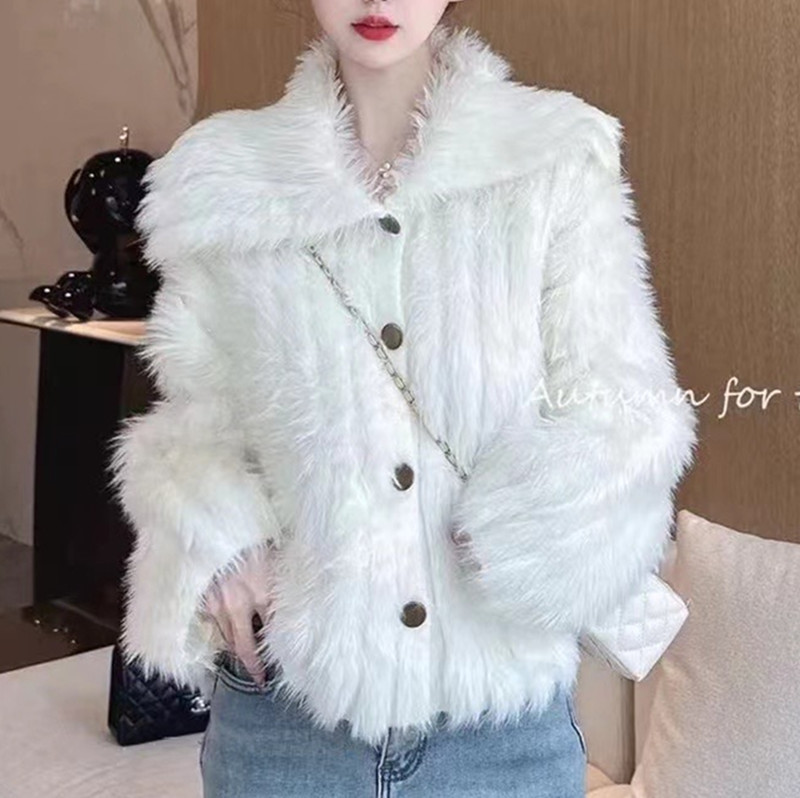 温柔风仿貂毛大翻领针织开衫女2024冬季气质甜美软糯宽松毛衣外套