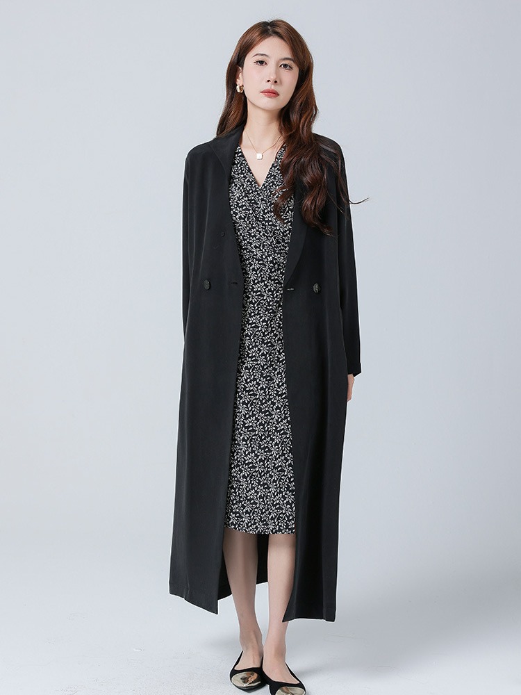 2024春装新款重磅真丝风衣女通勤长袖桑蚕丝高个子外套大衣黑色