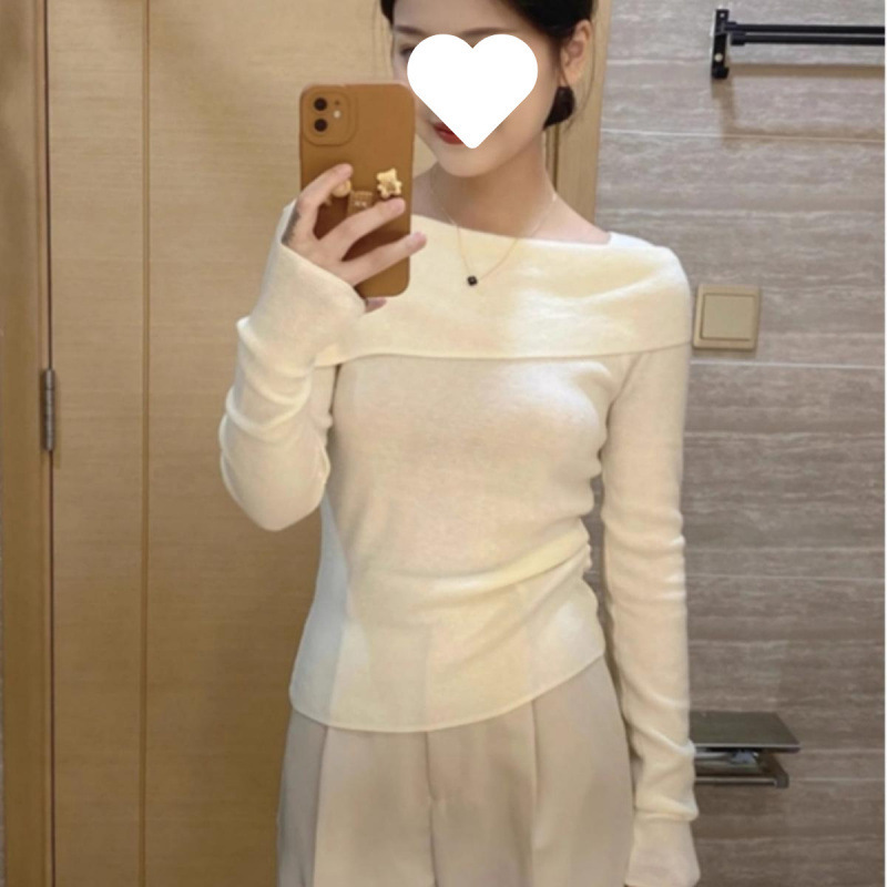 纯欲蓝色一字肩针织衫长袖女秋冬季感修身毛衣内搭打底衫上衣百搭