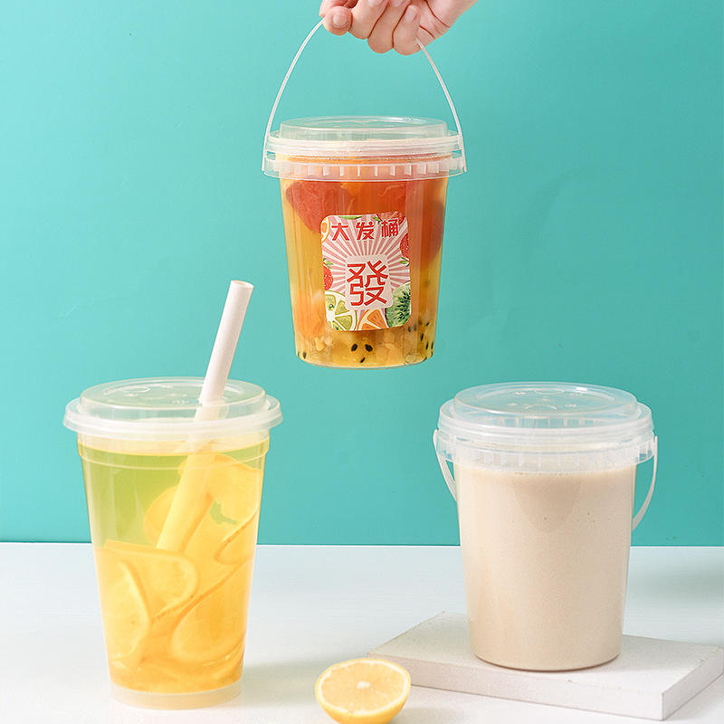 网红一次性水果茶桶 水桶杯注塑杯奶茶杯1000ml超大手提水果茶桶