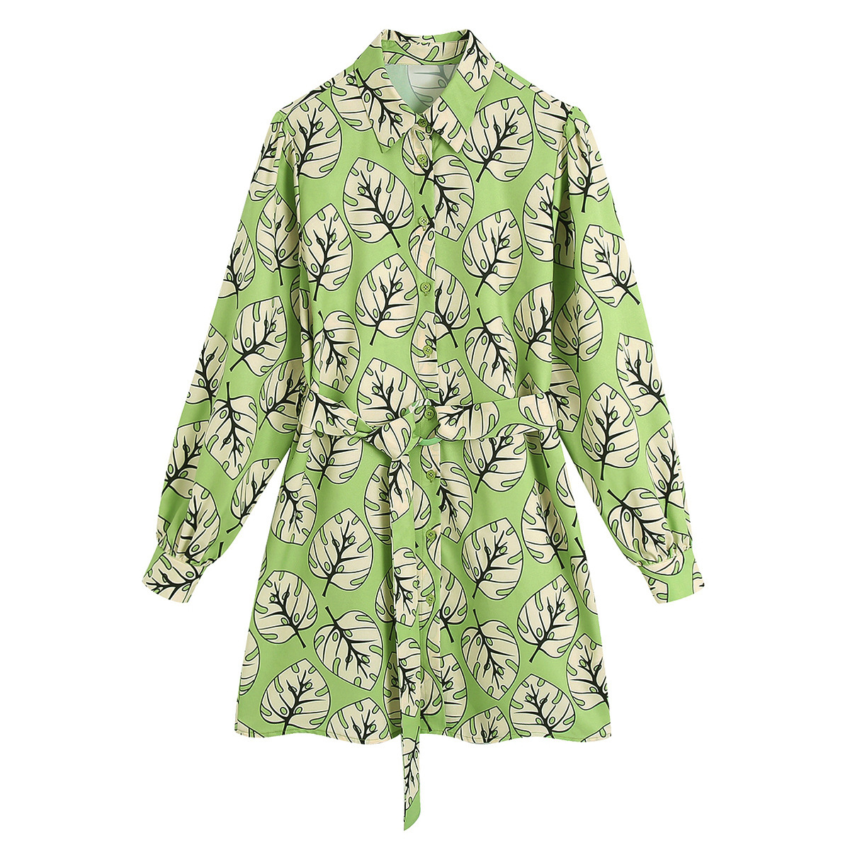 夏季欧美时尚女装树叶印花翻领长袖衬衫式短款连衣裙