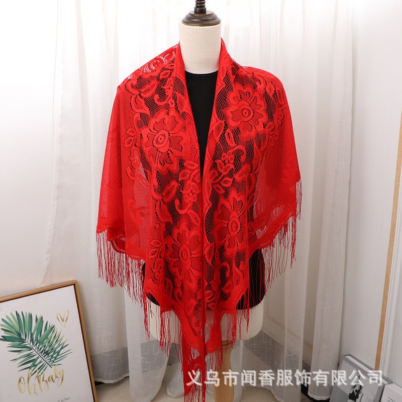 Hollow out Lace Cappa Western Style Tassel Banquet Dress Shawl New Year Bridesmaid Solid Color Scarf Cheongsam Dress Triangular Binder