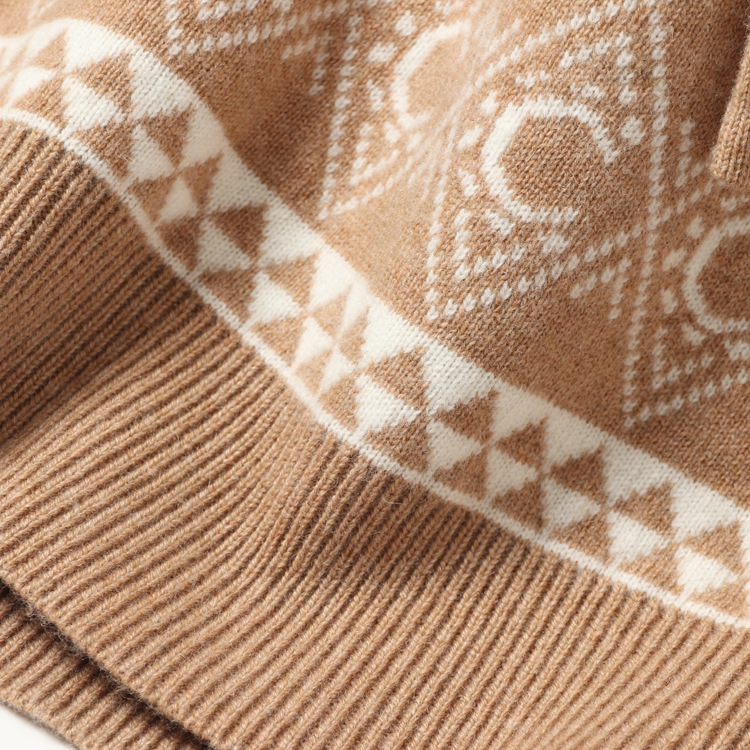 4纱重磅加厚山羊绒衫连帽系绳双色提花针织毛衣套头女装秋冬代发