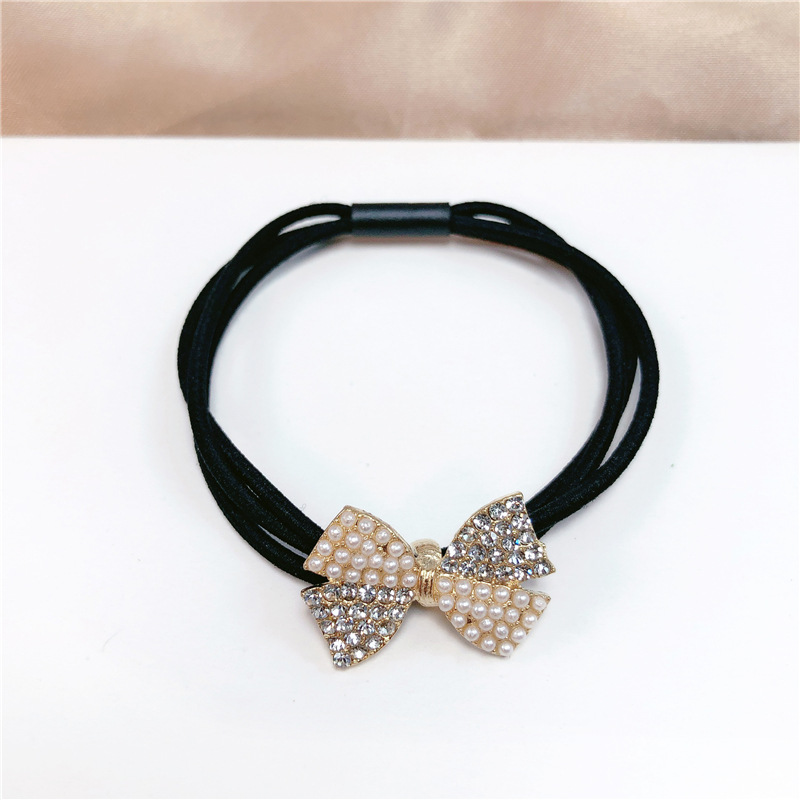 Trending Cute Girl Alloy Full Diamond Bow Pearl Hair Band Hair Accessories for Tying up the Hair Head Rope Girls Rubber Band Hair Rope