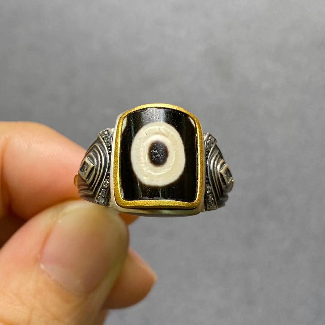 藏式天珠戒指品相佳风化细腻包浆油润s925银精工镶嵌收藏品jy7a20