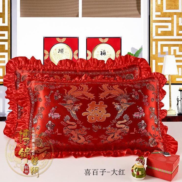 杭州被面枕套枕头套 七彩织锦缎 结婚庆 龙凤双喜百子图枕头-阿里巴巴