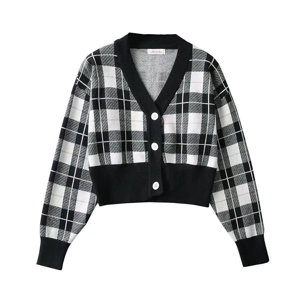 气质收腰黑白格针织衫开衫毛衣短板都市休闲气质优雅百搭上衣外套