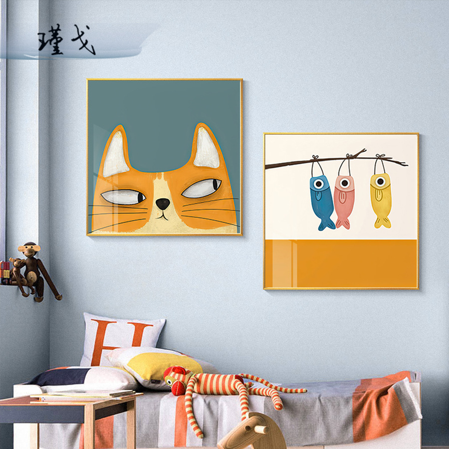 北欧儿童房装饰画男孩女孩清新方形挂画卡通可爱动物卧室床头壁画