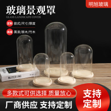 批发DIY手工玩具工艺品玻璃防尘罩 原木底微景观永生花玻璃景观罩