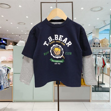 潮韩版秋季新男童拼接袖假两件T恤圆领卡通TTLA234901A一件代发
