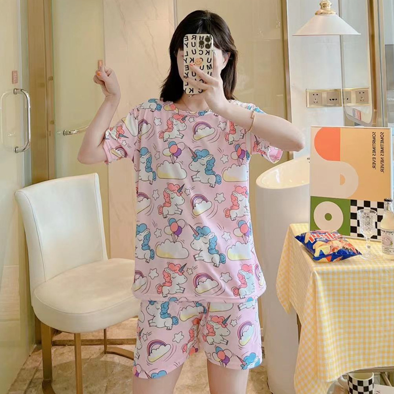 Factory Wholesale Multiple round Neck Short Sleeve Pajamas Women's Summer Casual Loose Milk Silk Home Wear Suit Foreign Trade Cross-Border