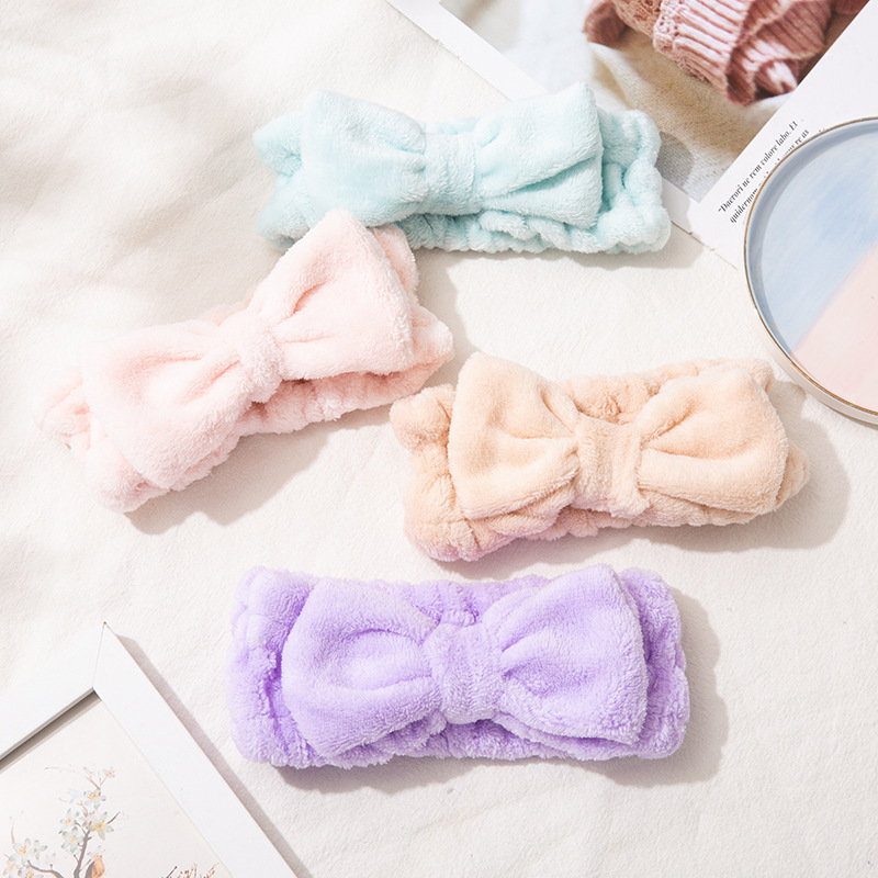 Europe and America Cross Border Korean Coral Fleece Washing Face Hair Band Makeup Headband Cute Plush Girls Gift Bow Hair Band