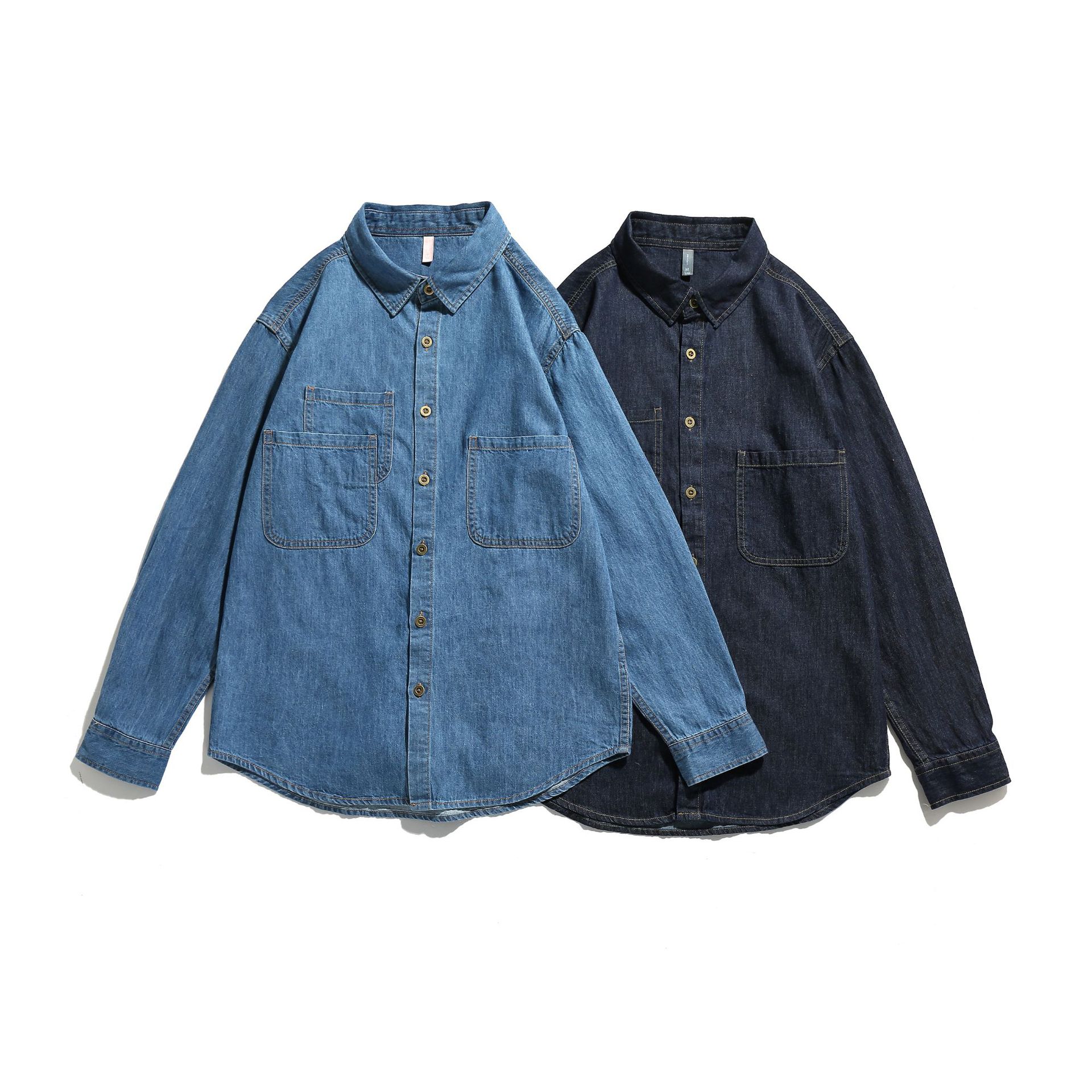 春秋款复古水洗不对称设计牛仔衬衫男士修身棉衬衣潮流男装