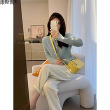 蓝色领毛衣开衫外套女春秋长袖内搭打底正肩针织衫修身短款上衣