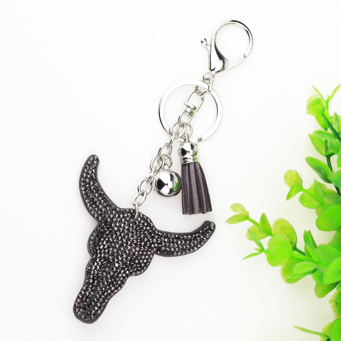 创意牛头韩国绒镶钻钥匙扣 时尚流苏包包挂件 亚马逊钥匙扣配件