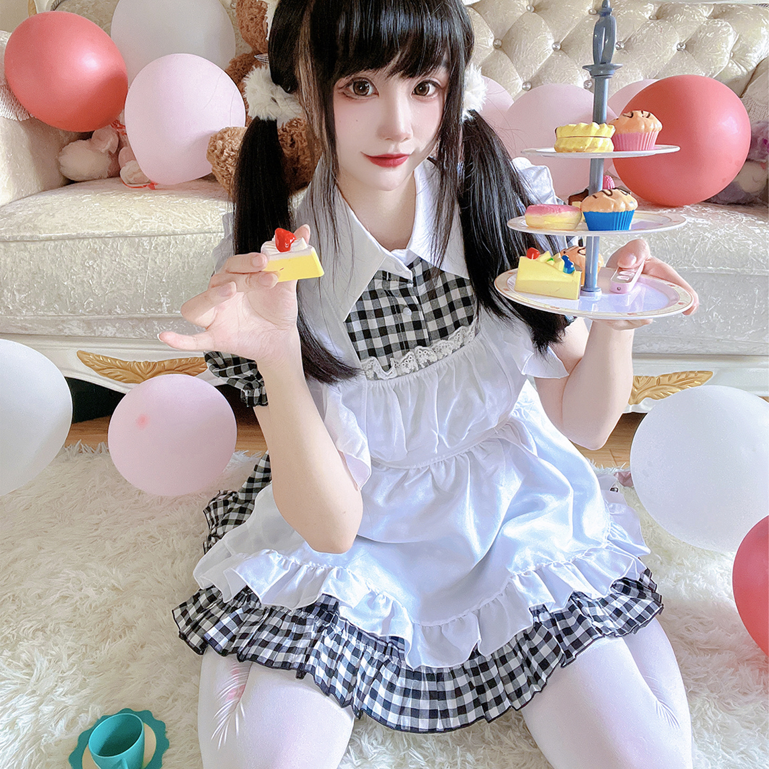 女仆装cosplay 餐厅咖啡厅工作服长裙黑白格子女佣装cos服二次元