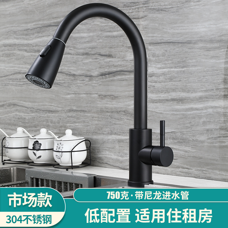 Faao Bathroom 304 Stainless Steel Pull-out Kitchen Faucet Double Water Outlet Hot and Cold Washing Basin Sink Faucet