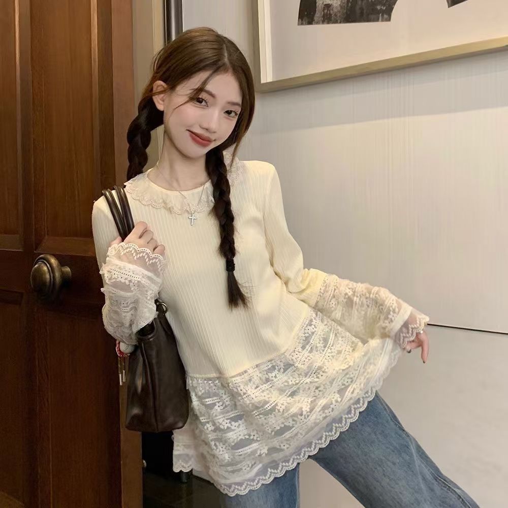 甜美少女蕾丝打底衫女秋季内搭外穿长袖小众设计感拼接下摆上衣