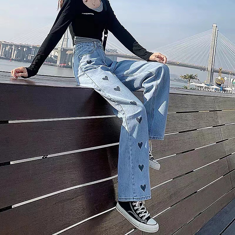 Straight Jeans Female with Hearts 2023 New High Waist Slimming All-Matching Summer Thin Loose Drooping Wide Leg Pants