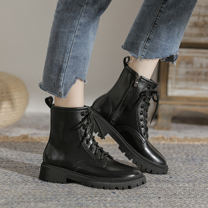 单靴2024年英伦风黑色中筒复古侧拉链绑带短靴女软皮厚底马丁靴女