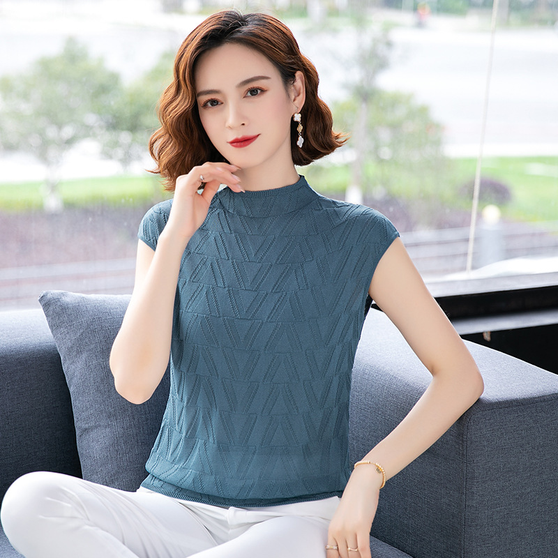 半高领打底衫薄款中领上衣夏装222新款妈妈女士针织短袖冰丝t恤