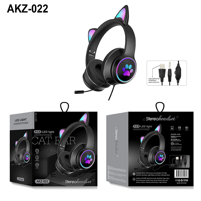 AKZ-022 Cross-Border E-Commerce New Cat Ear Headset Computer Headset Double Microphone E-Sports Game Luminous Headset