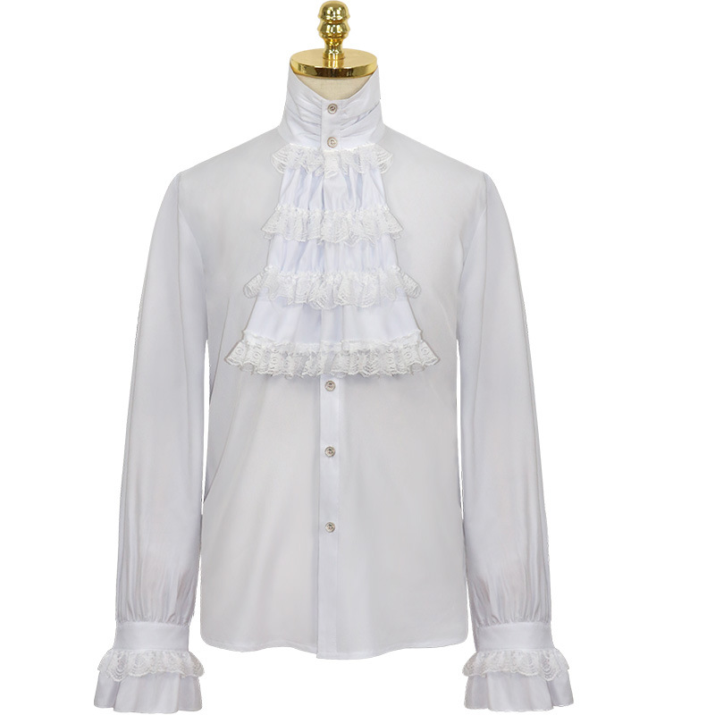 中世纪欧美哥特式风荷叶边立领长袖领带衬衫袖口褶皱款男士衬衣
