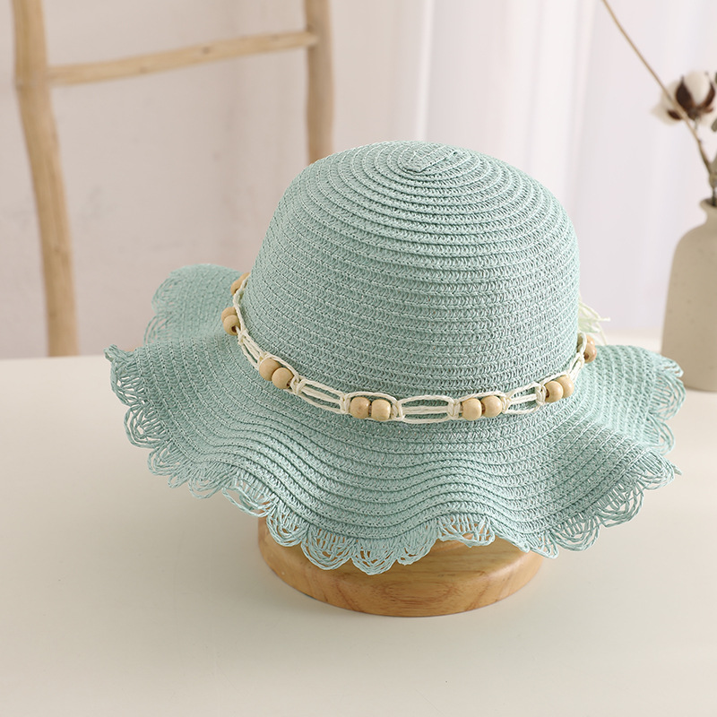 Summer Sun Protection Big Brim Beach Hat Bucket Hat Korean Children Wooden Buckle Bow Sunhat Little Girls' Straw Hat