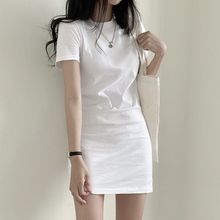 白色圆领恤连衣裙女短袖爆款夏气质修身显瘦中长款百搭打底裙子