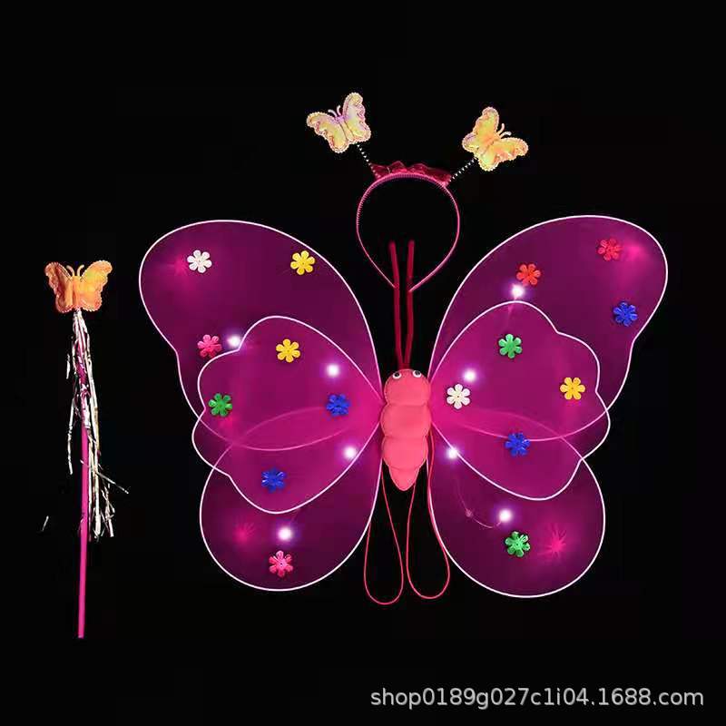 Little Girl's Back Luminous Simulation Butterfly Wings with Lights Children's Performing Costumes Stage Props Dress up 4 PCs Set