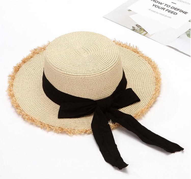 Customized Foreign Trade Summer Sun-Proof Beach Hat Travel Vacation Sunshade Flat Straw Hat Ladies Bow Burr Hat