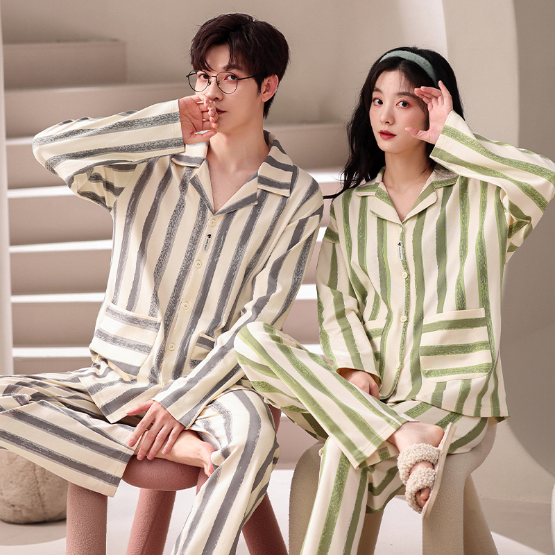 纯棉睡衣情侣开衫条纹翻领长袖长裤可外穿宽松薄款爽棉女士家居服