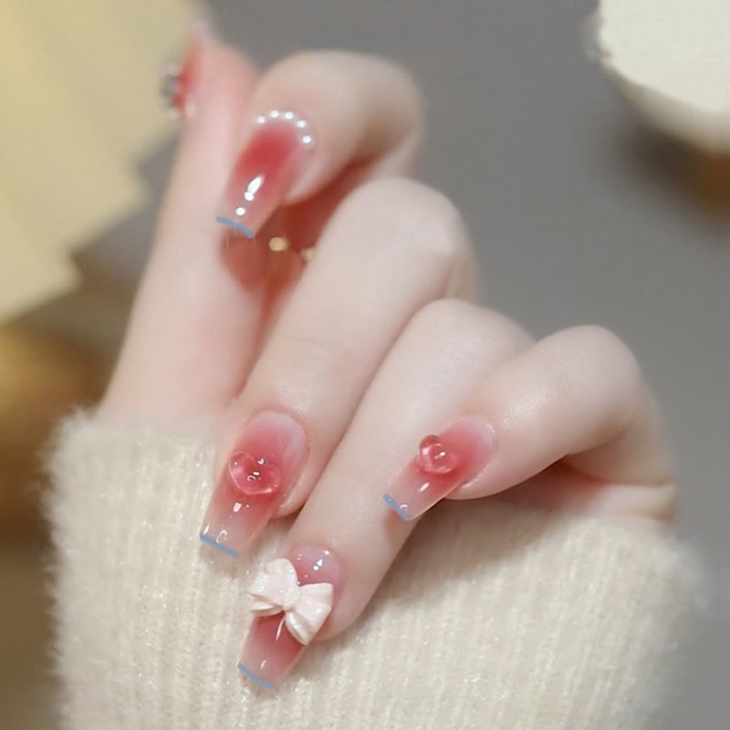 蝴蝶结珍珠腮红美甲水晶桃心透粉嫩穿戴甲法式假指甲短芭蕾甲甲片