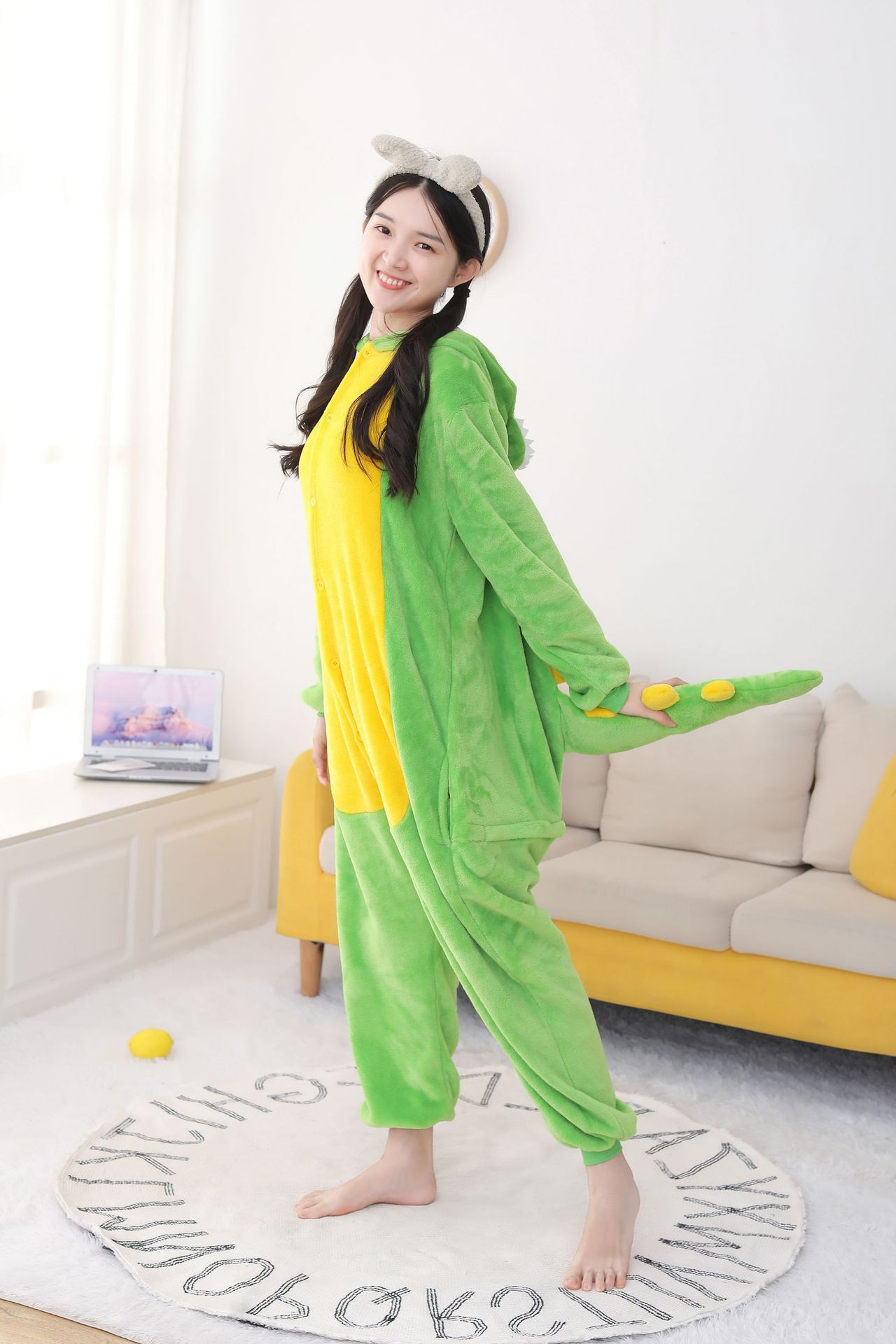 卡通动物连体果绿色恐龙秋冬法兰绒睡衣如厕版家居服批发一件代发