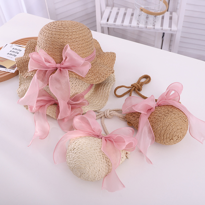 2024 New Straw Hat Satchel Combination Small Fresh Children Cute Hat Bag Summer Girls Travel Matching