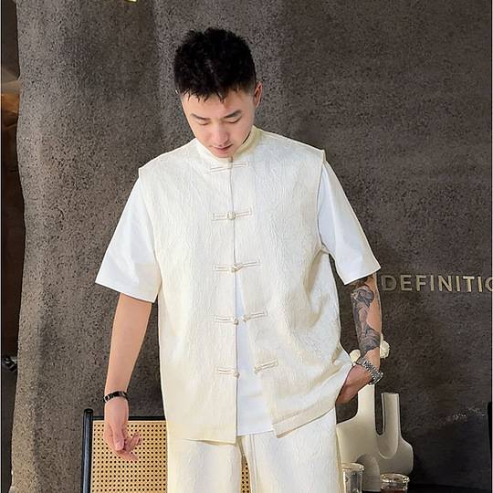 唐装夏季国风马甲套装中式潮流盘扣新款中国风两件套潮流百搭套装