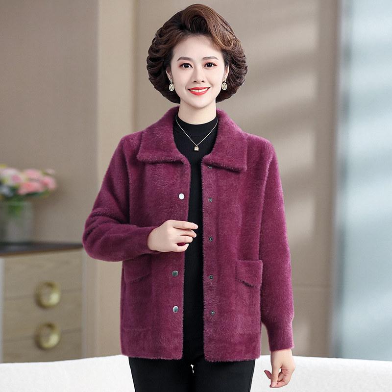 妈妈装加厚仿水貂绒外套中年妇女秋装夹克中老年秋冬翻领毛衣开衫