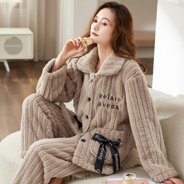 冬季睡衣女士加厚加绒法兰绒长袖大码宽松珊瑚绒甜美家居服两件套