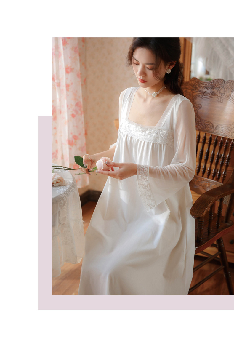 长袖棉睡裙女春复古宫廷风公主性感蕾丝方领长款睡衣外穿家居服秋